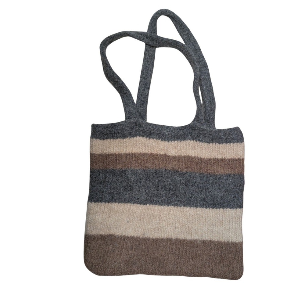 Handcrafted Striped Felted Wool Tote Bag Grey Brown Neutral Shoulder Bag
